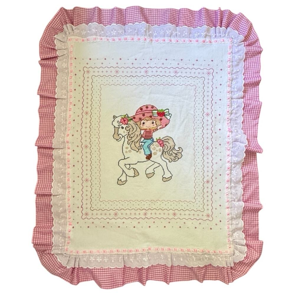 Strawberry Shortcake Cross Stitch Handmade Baby Quilt Blanket 34”x 42”